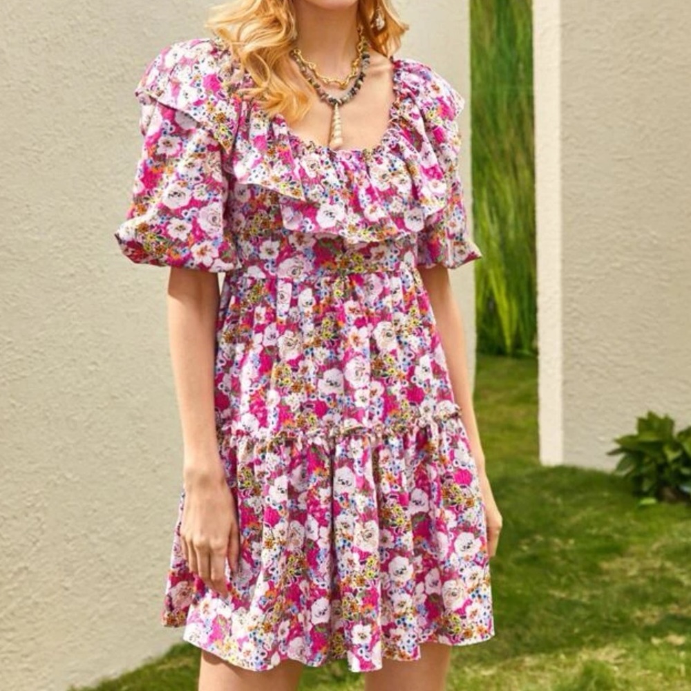 Floral Print Ruffle Trim Dress